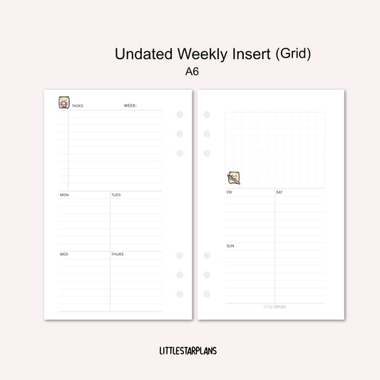 A6 Ring Size | Undated Weekly Inserts (Grid) | PRINTABLE