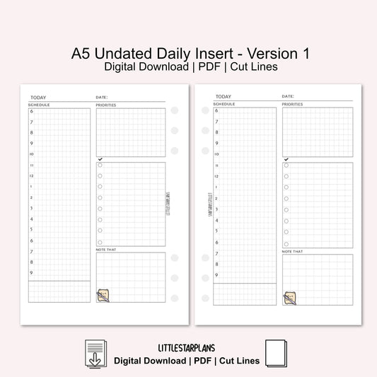 A5 Undated Daily Inserts Printable Instant Download