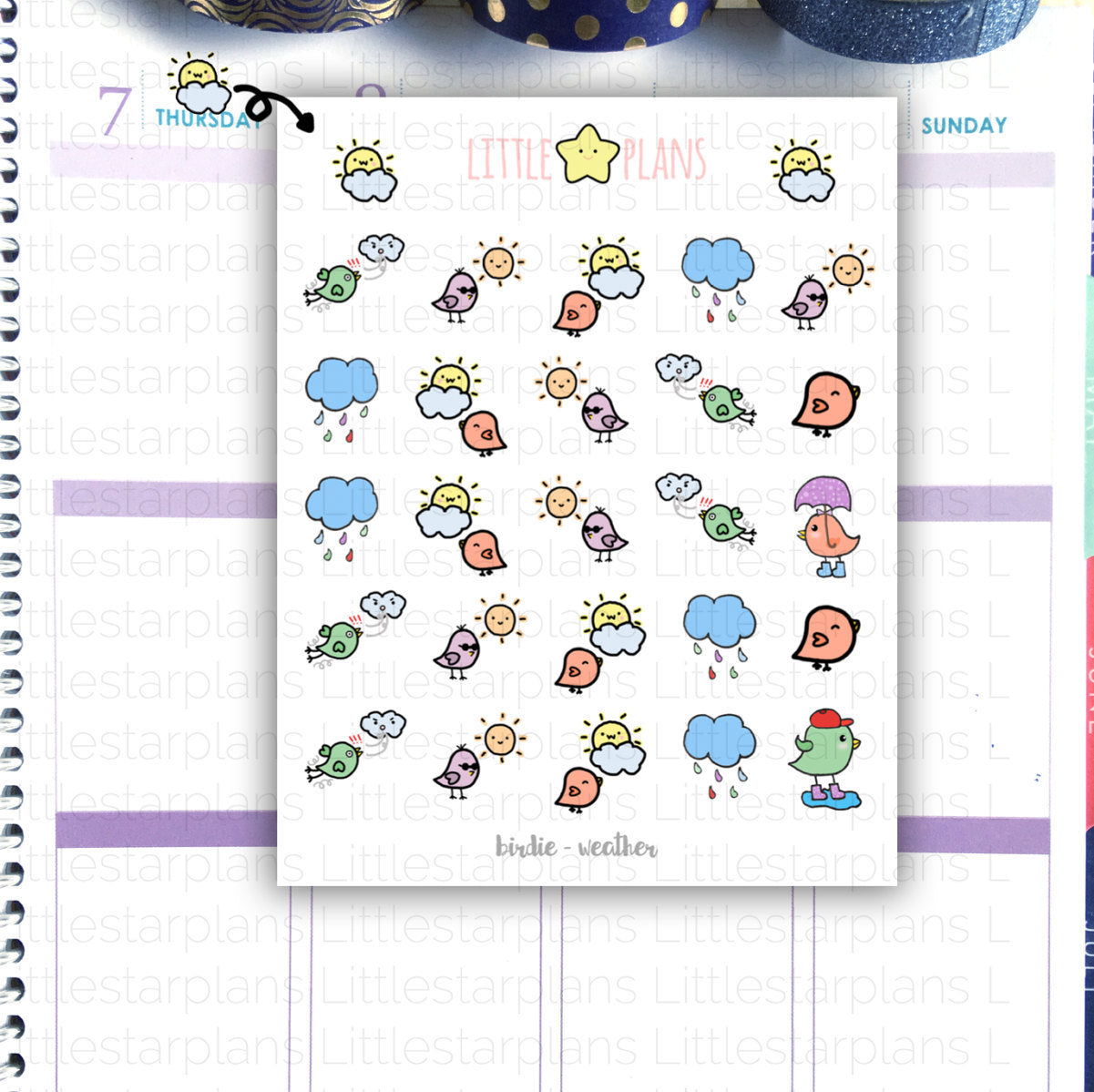 Tiny Decorative Bird Stickers | Weather | Sunny, Windy, Cloudy, Rainy Stickers | Fits in Erin Condren Life Planner TM, Kikki-K Planner - Littlestarplans