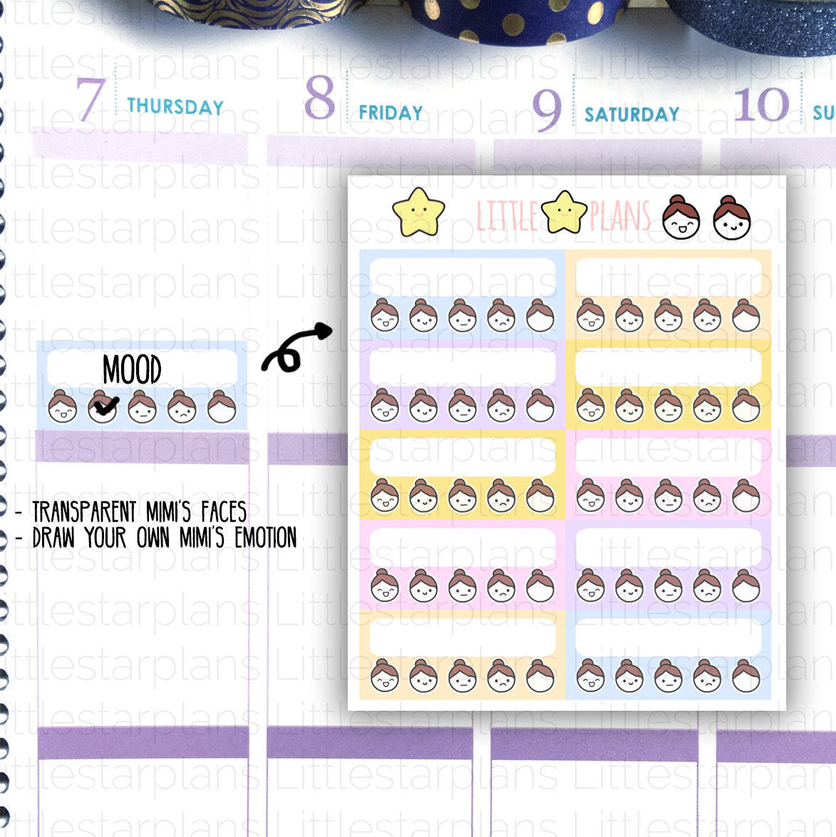 Mimi - Track your mood daily, weekly, pastel color theme planner stickers, draw your own mood (MI042) - Littlestarplans