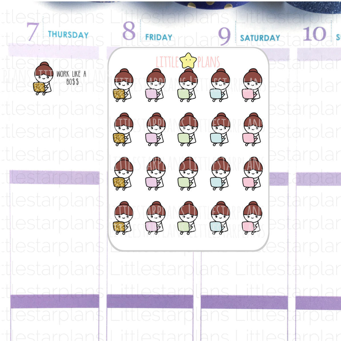 Mimi Hand Drawn | Laptop, Work | Printed Gold Glitter Planner Stickers - Littlestarplans