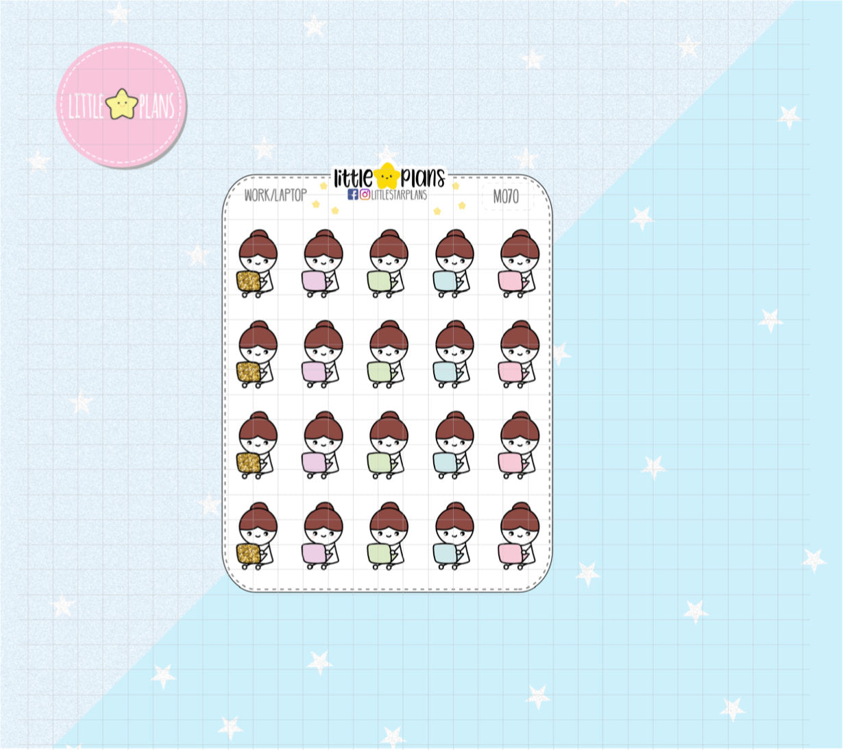 Mimi Hand Drawn | Laptop, Work | Printed Gold Glitter Planner Stickers - Littlestarplans