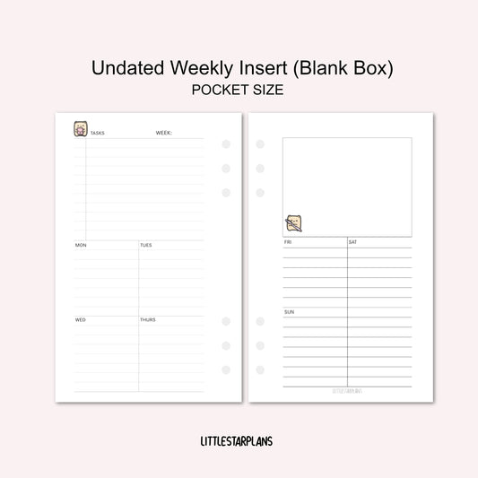 Pocket Ring Size | Undated Weekly Inserts (Blank Space) | PRINTABLE
