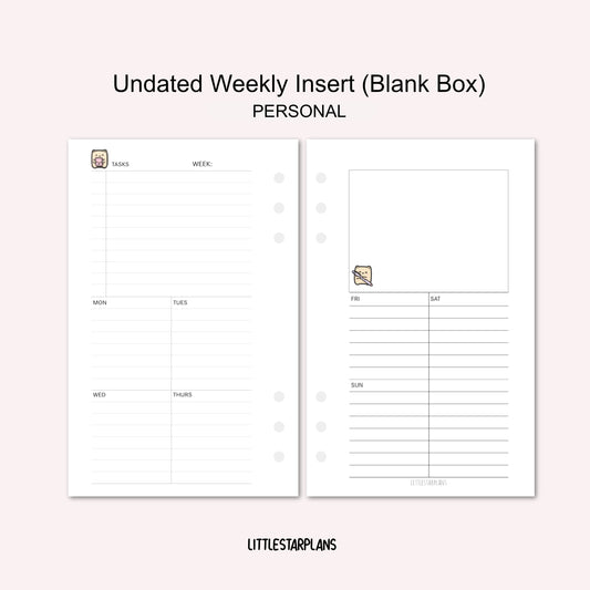 Personal Ring Size | Undated Weekly Inserts (Blank Box) | PRINTABLE