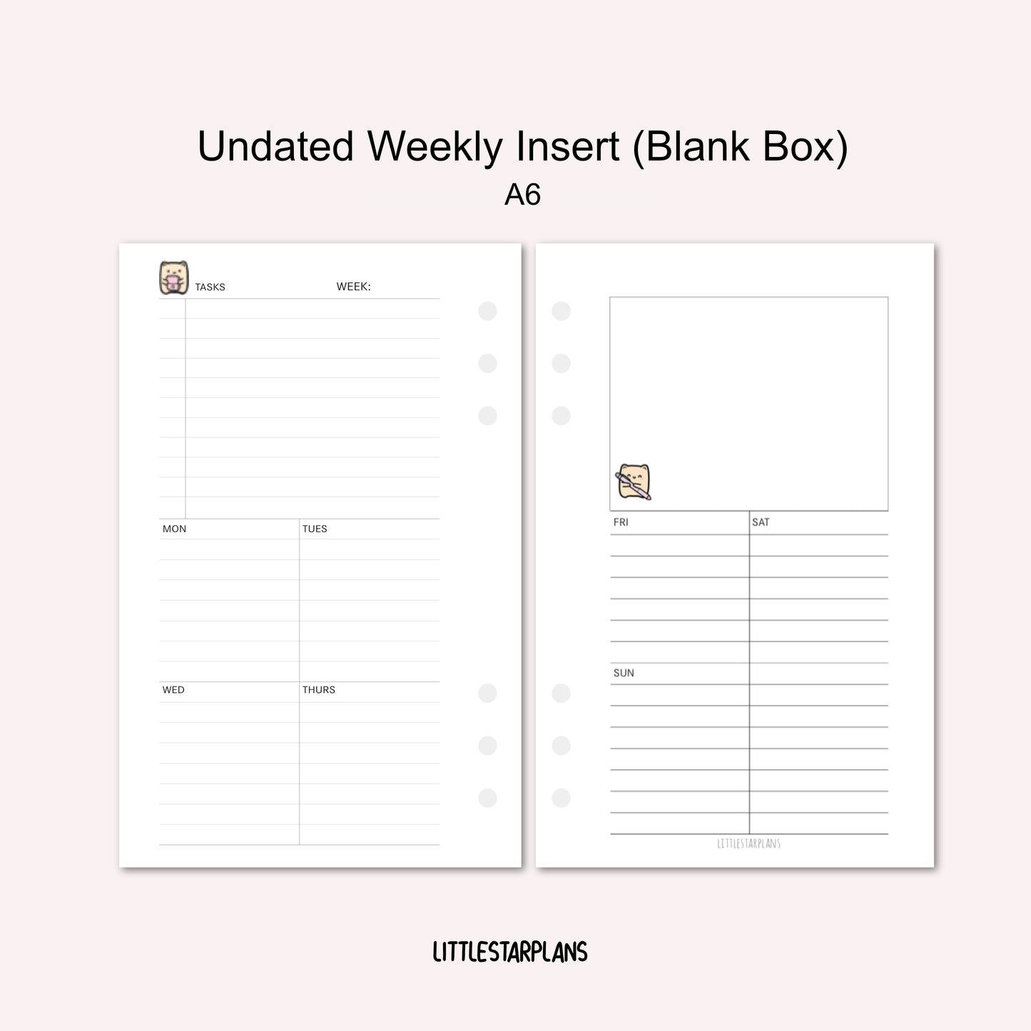 A6 Ring Size | Undated Weekly Inserts (Blank Box) | PRINTABLE