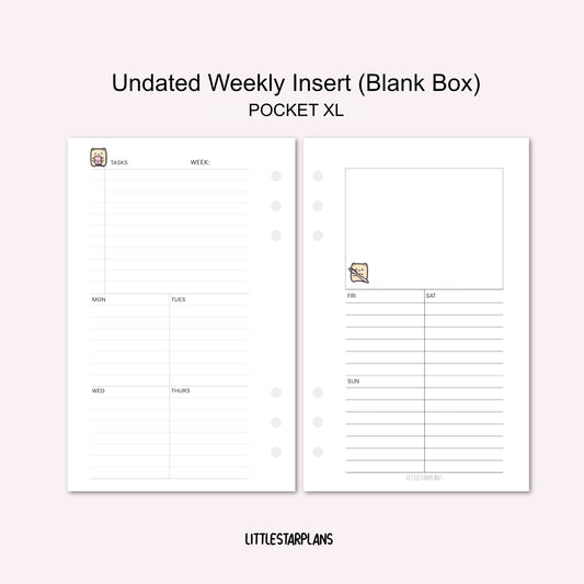 Pocket XL Ring Size | Undated Weekly Inserts (Blank Box) | PRINTABLE