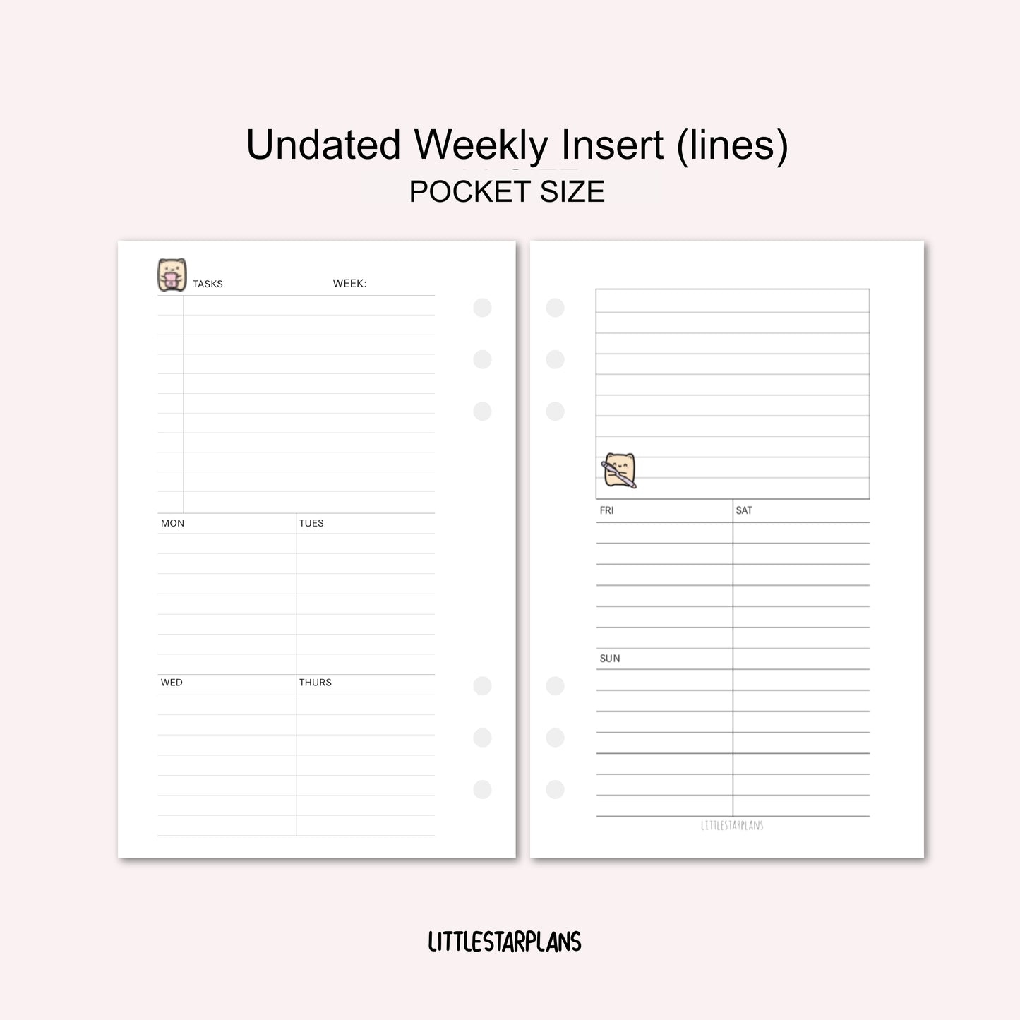 Pocket Ring Size | Undated Weekly Inserts (Lines) | PRINTABLE