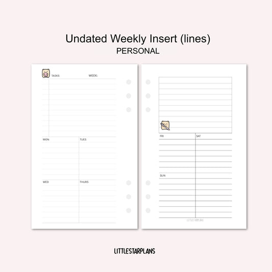 Personal Ring Size | Undated Weekly Inserts (Lines) | PRINTABLE