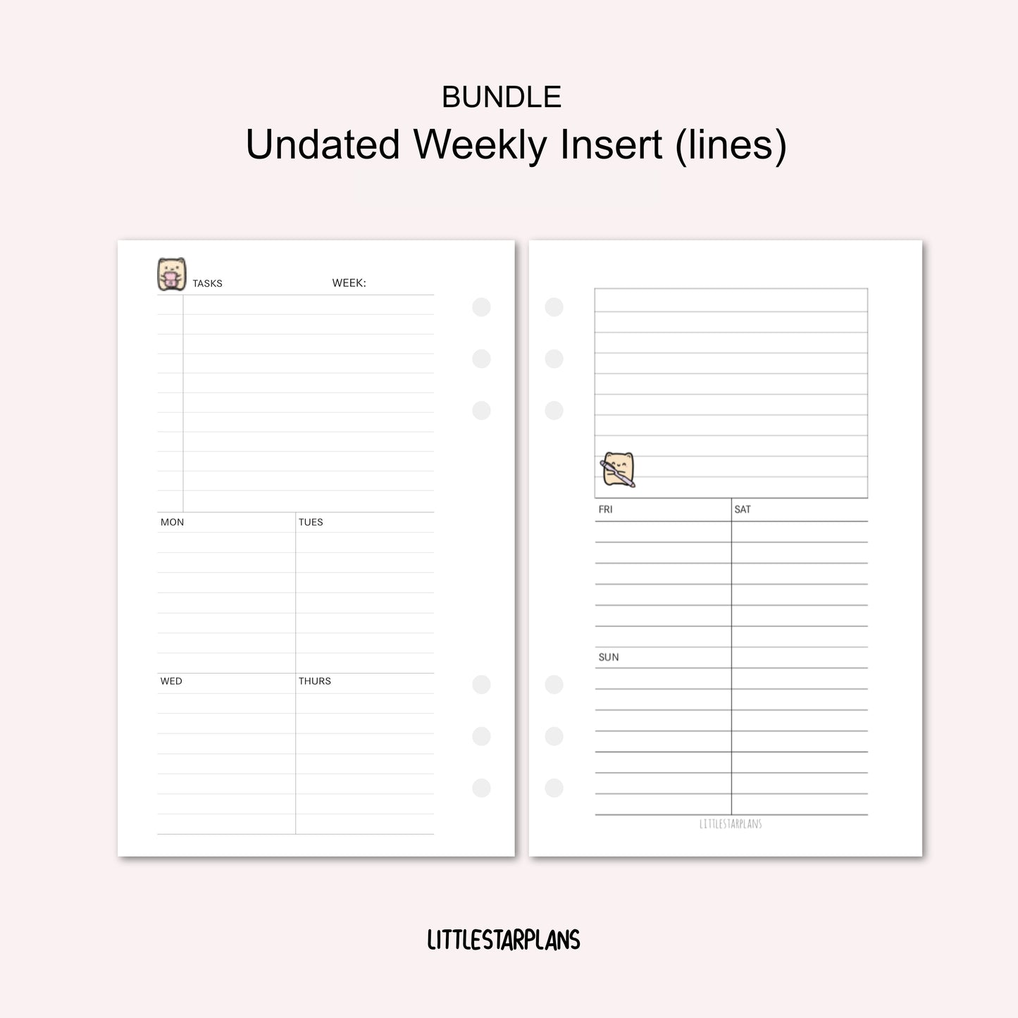Personal Ring Size | BUNDLE Undated Weekly Inserts (Grids, Lines, Blank Box) | PRINTABLE