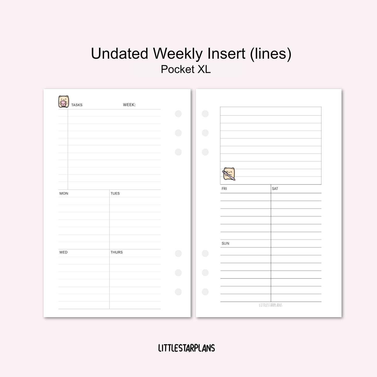 Pocket XL Ring Size | Undated Weekly Inserts (Lines) | PRINTABLE