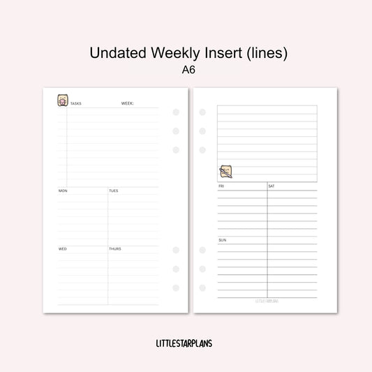 A6 Ring Size | Undated Weekly Inserts (Lines) | PRINTABLE
