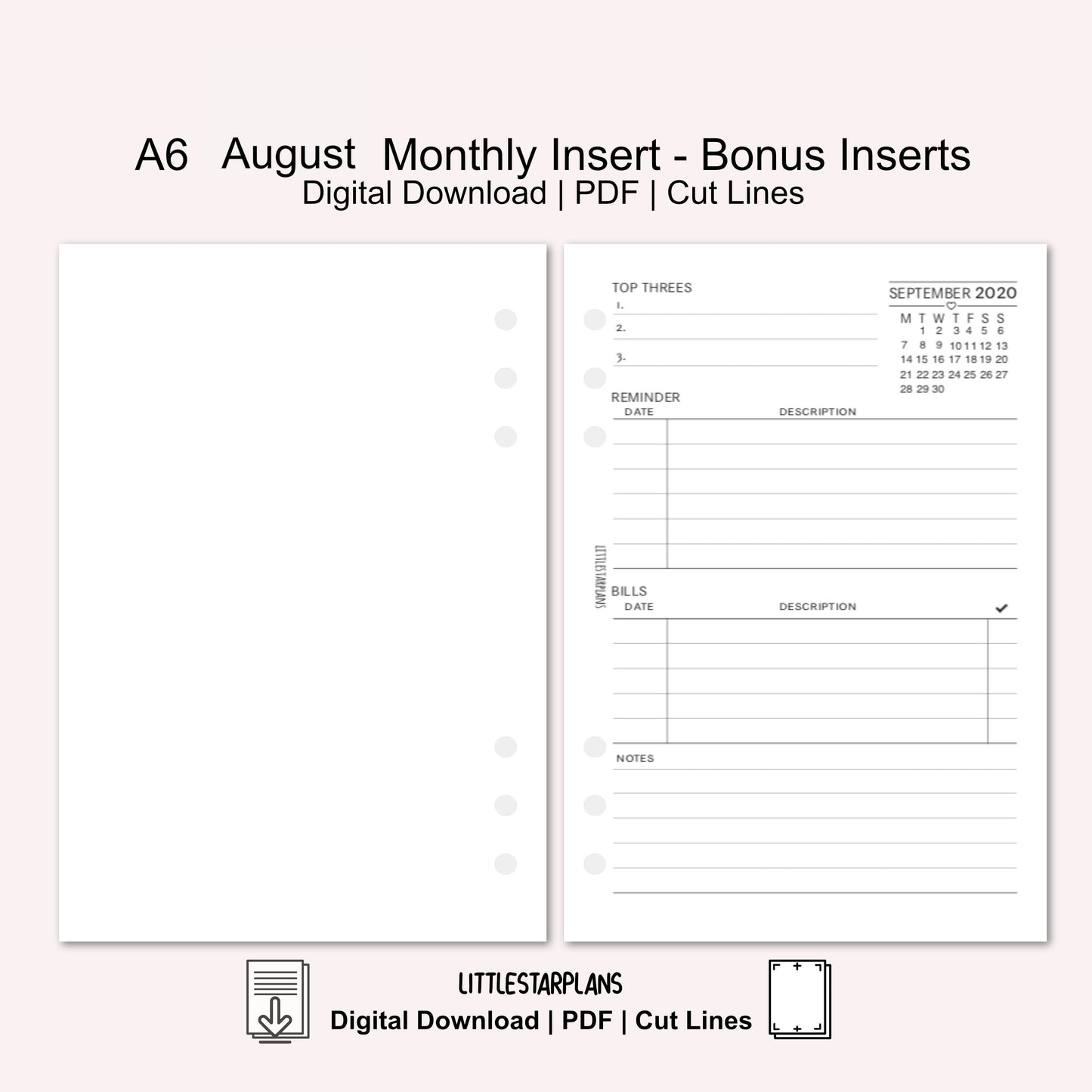 A6 Ring Size | August Monthly - Bonus Inserts | PRINTABLE