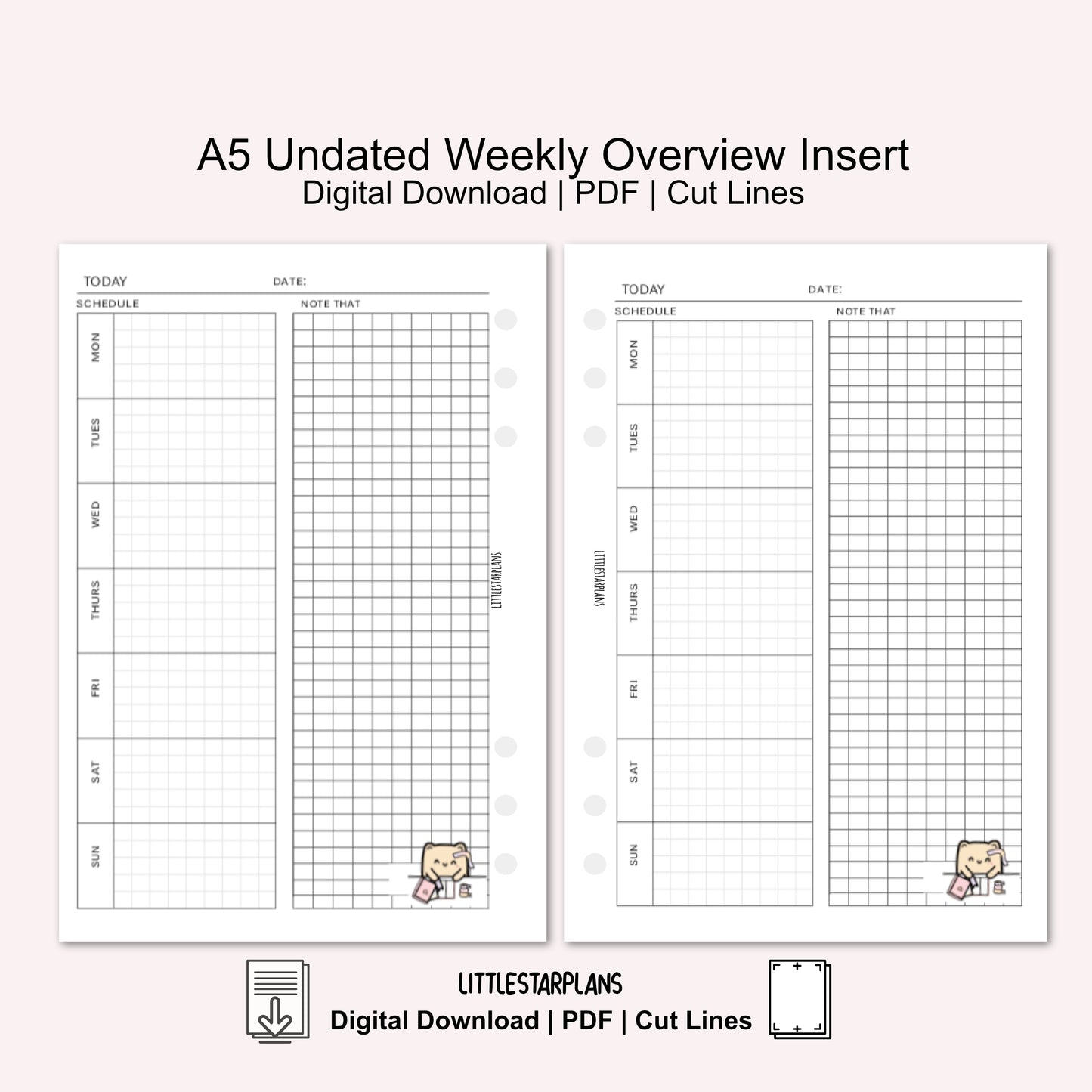 A5 Ring Size | Undated Weekly Overview Insert | PRINTABLE