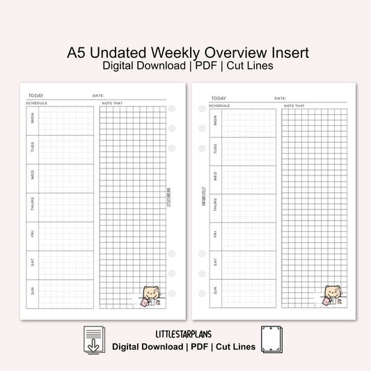 A5 Ring Size | Undated Weekly Overview Insert | PRINTABLE