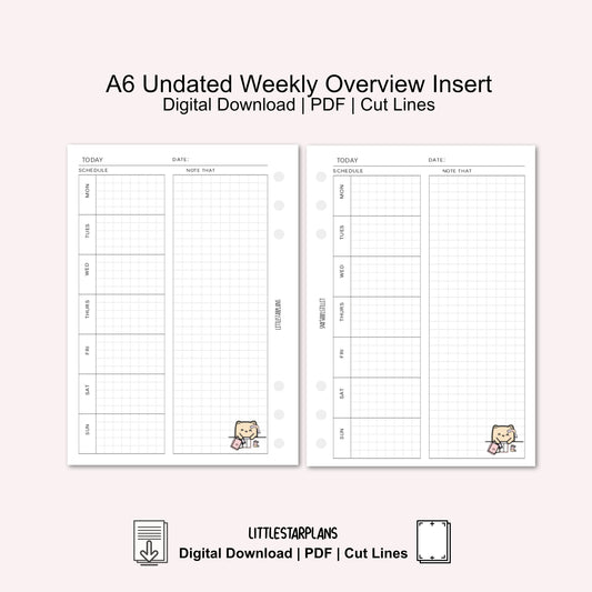 A6 Ring Size | Undated Weekly Overview Insert | PRINTABLE