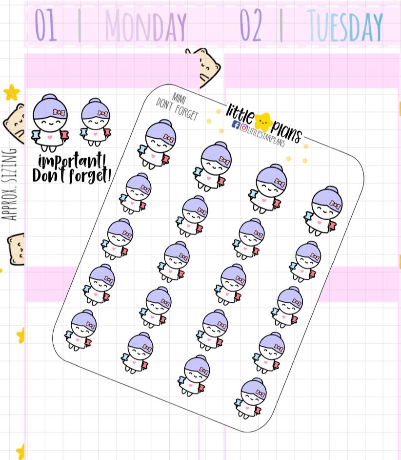 Mimi Don't Forget, Reminder, Important Planner Stickers - Littlestarplans