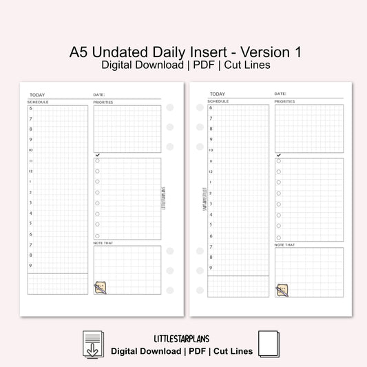 A5 Undated Daily Inserts Printable Instant Download