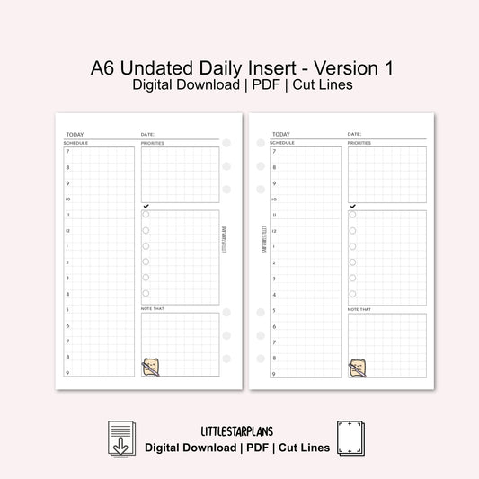 A6 Ring Size | Neku Functional Undated Daily Inserts Version 1 | PRINTABLE
