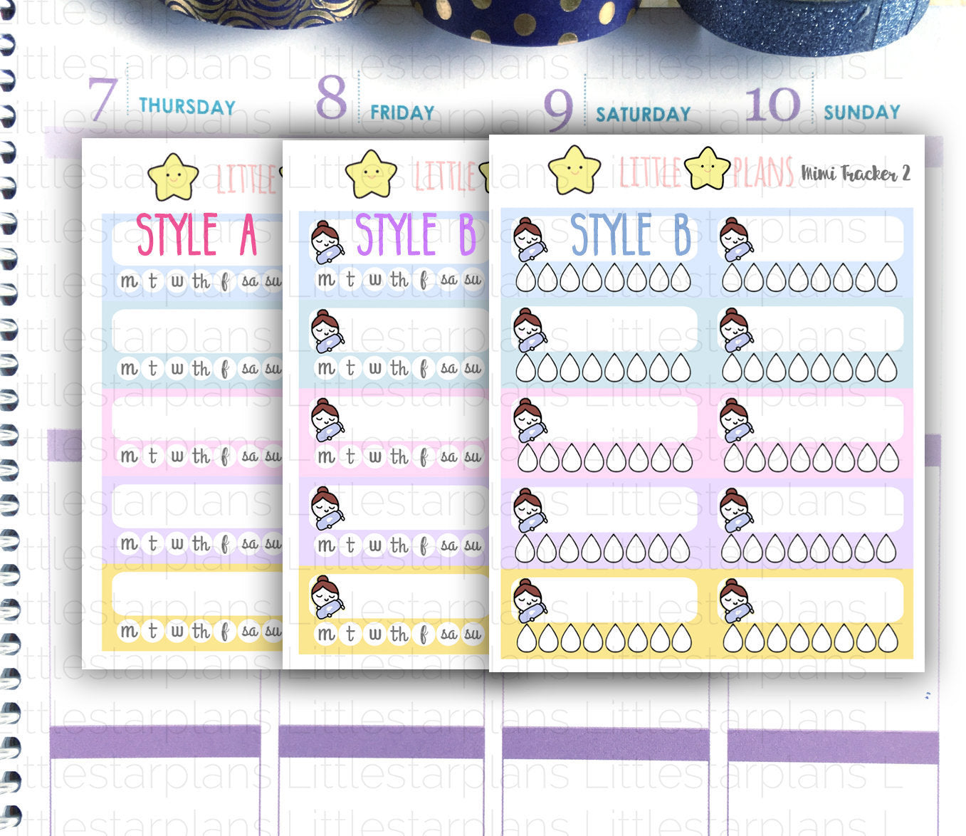 Mimi Weekly and Hydration Tracker - Daily and weekly Planner Stickers - Littlestarplans