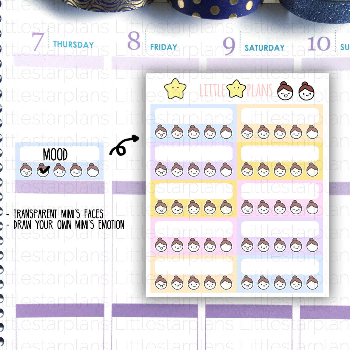 Mimi - Track your mood daily, weekly, pastel color theme  planner stickers, draw your own mood (MI042) - Littlestarplans