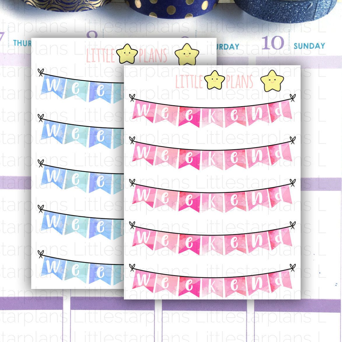 Blue or Pink Weekend Banners Planner Stickers - Littlestarplans