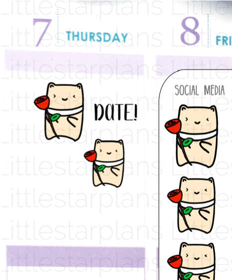 Neku - Hand Drawn Cat Bear, Sexy time, Romantic, Date, Rose Planner Stickers - Littlestarplans