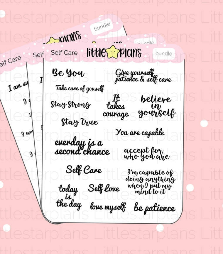 Self Care, Affirmation Planner Stickers Bundle along with limited edition Neku motivation Sticky Note - Littlestarplans