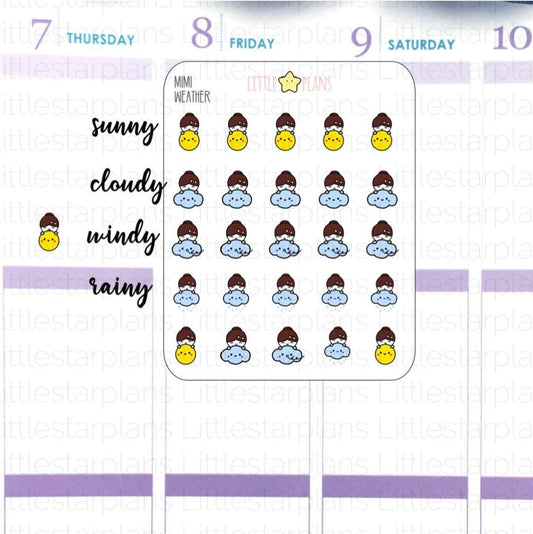 Small Mimi - Weather Planner Stickers (Sunny, Cloudy, Windy, Rainy) - Littlestarplans