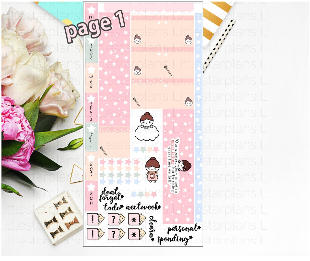 Littlestarplans' Hand-Drawn Starry Blush Hobonichi Weeks Planner Sticker Kit - Littlestarplans
