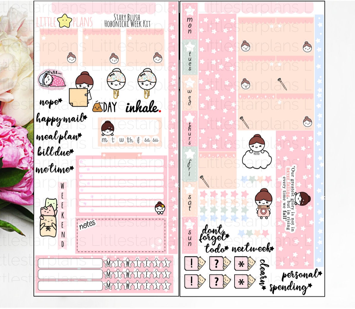 Littlestarplans' Hand-Drawn Starry Blush Hobonichi Weeks Planner Sticker Kit - Littlestarplans